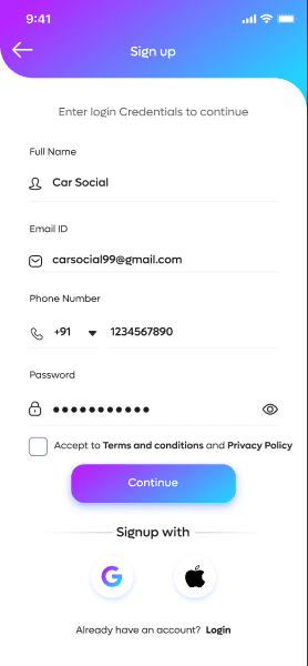 Car Social sign-up screen on a phone