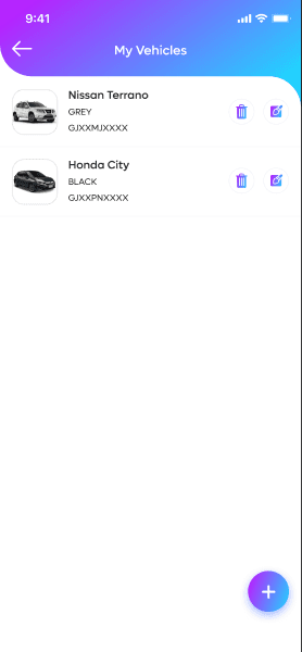 The My Vehicles garage screen in the Car Social app