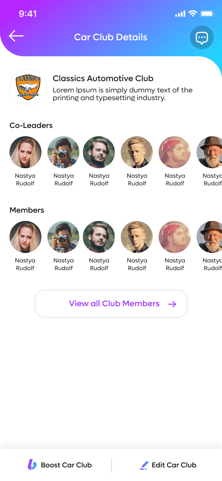 The Classics Automotive Club page in the Car Social app