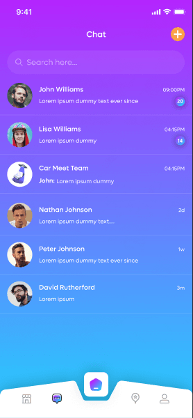 The chat and messages screen in the Car Social app